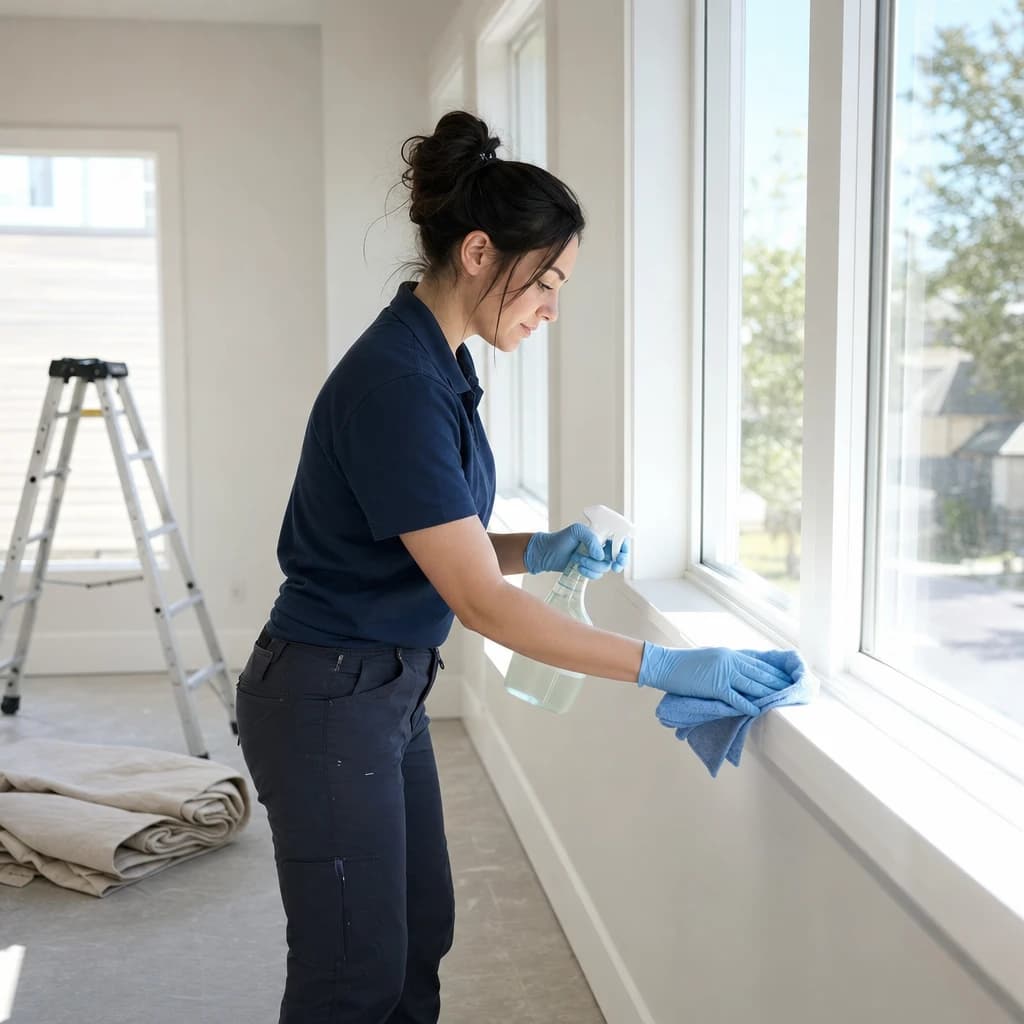 Best Kingdom Cleaning professional wiping construction dust off a windowsill in a newly finished Spokane build